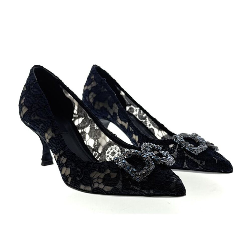 Dolce & Gabbana Deep Navy Floral Lace Kitten Heels